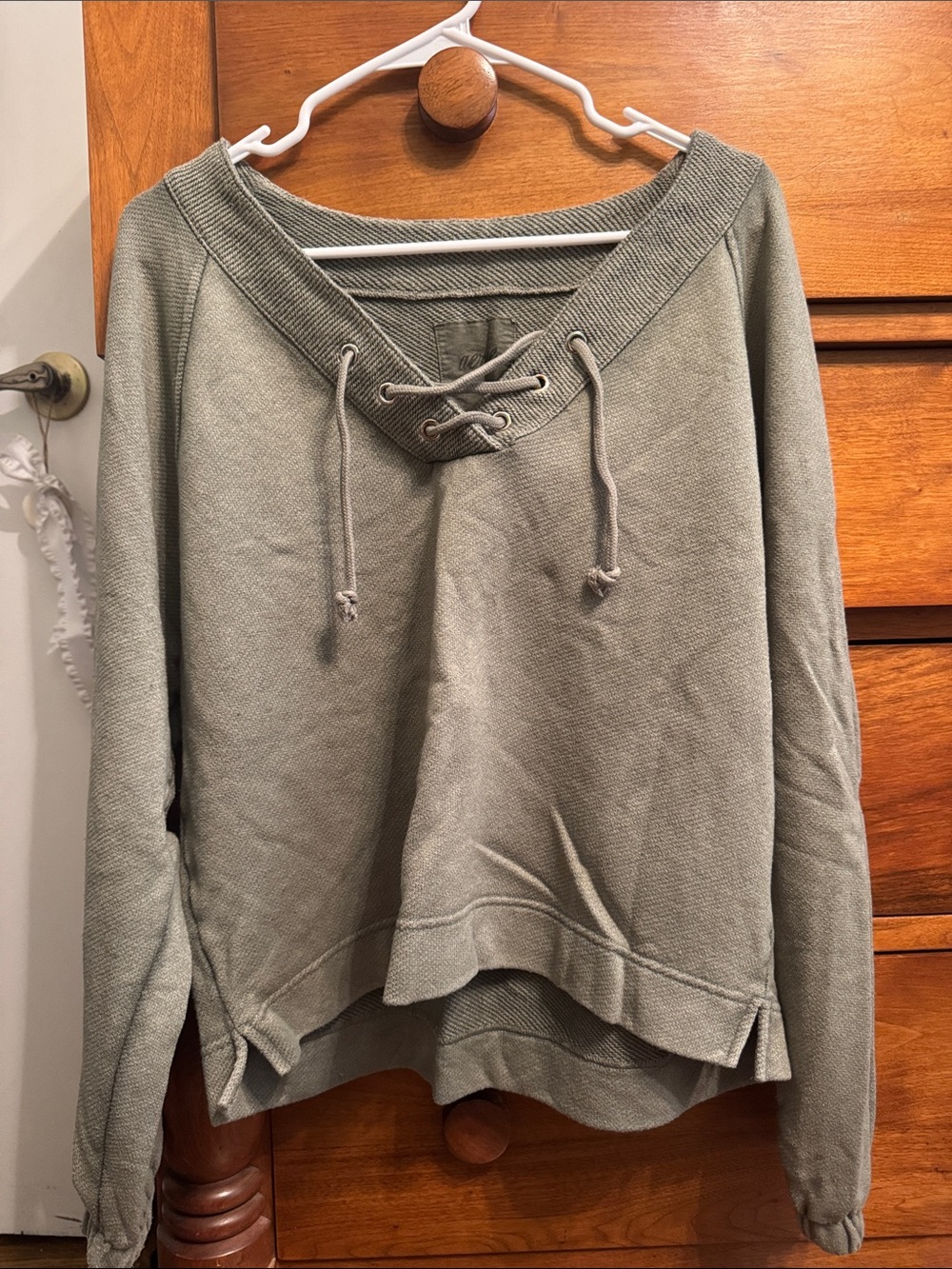 aerie Lace-Up V-Neck Sweater in Olive